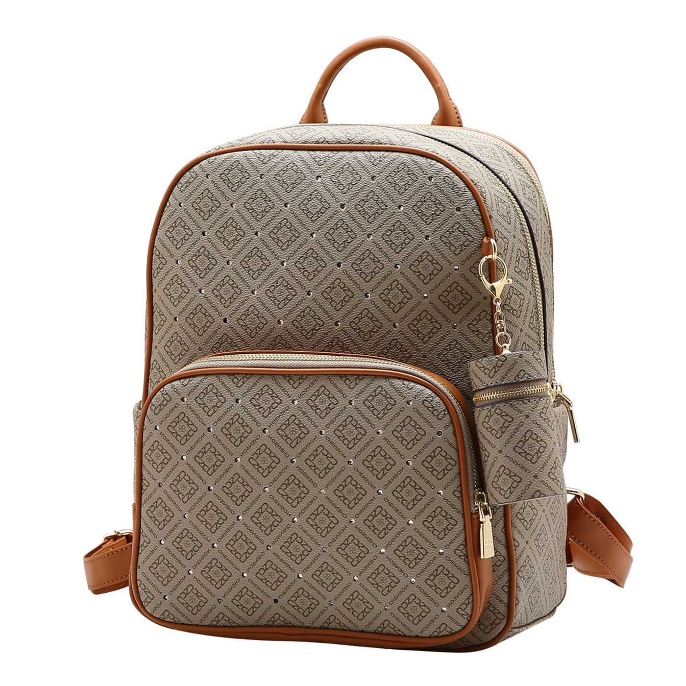 Mochila Chenson Monograma Luxo bege com detalhes em PU marrom vista frontal direita